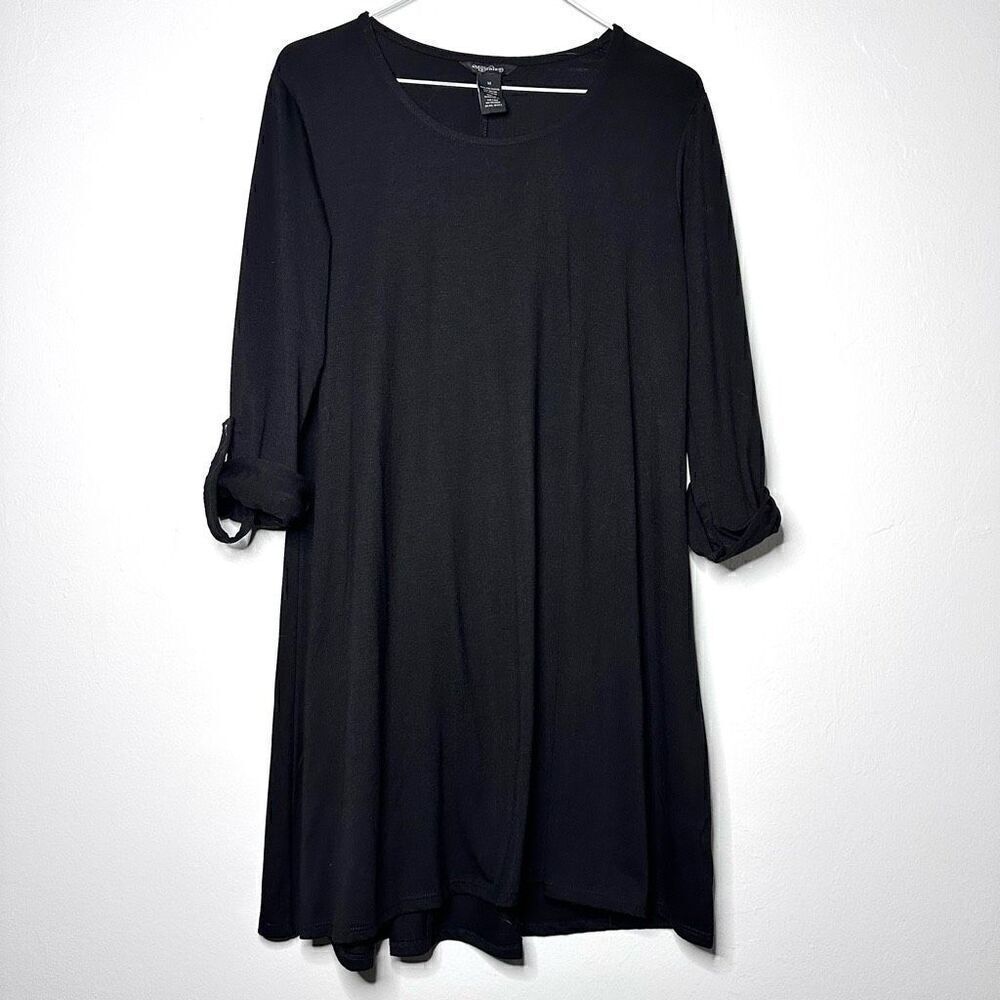 Millenium Roll Tab Sleeve Rayon Blend Stretch Pullover Shift Dress Black Medium
